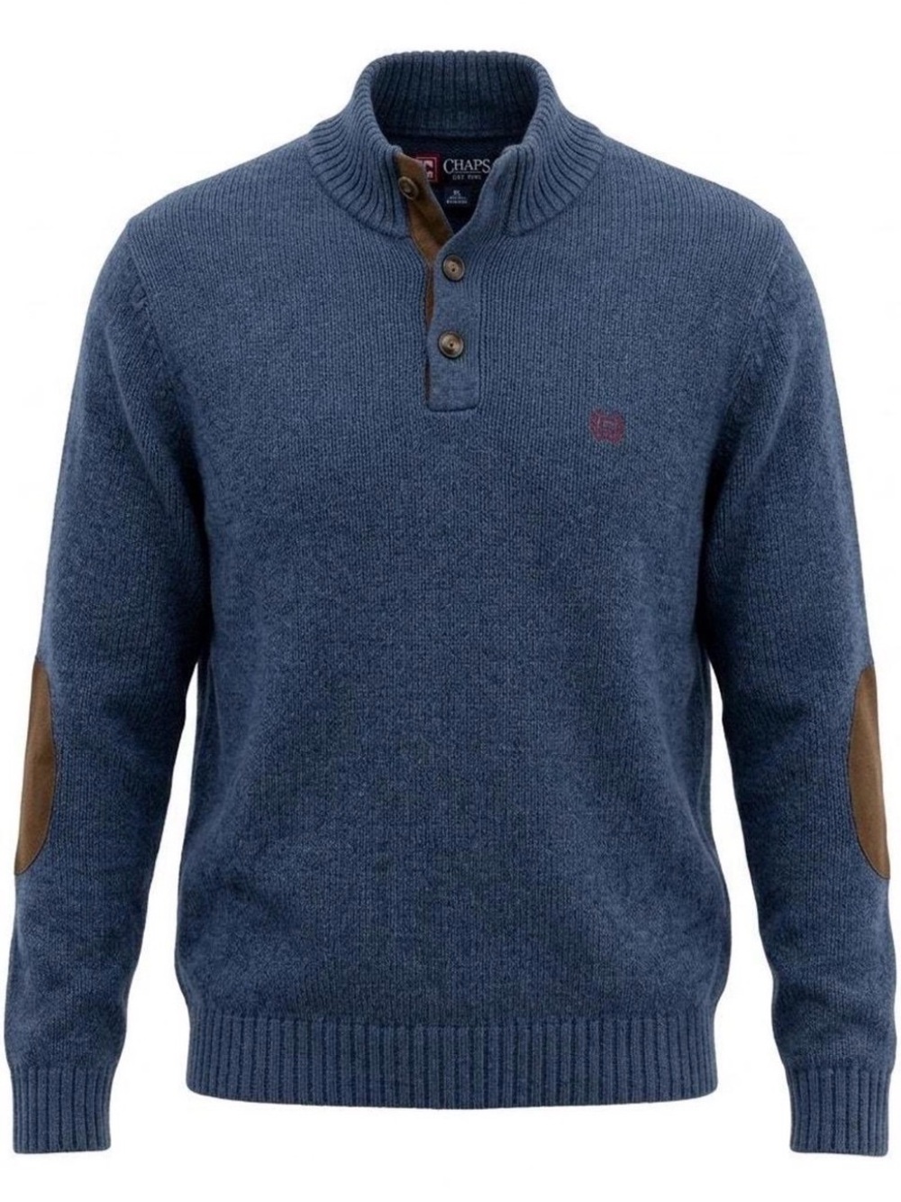 Chaps Men's Blue Button Mock Neck Sweater Medium Faux Suede Elbow Patches